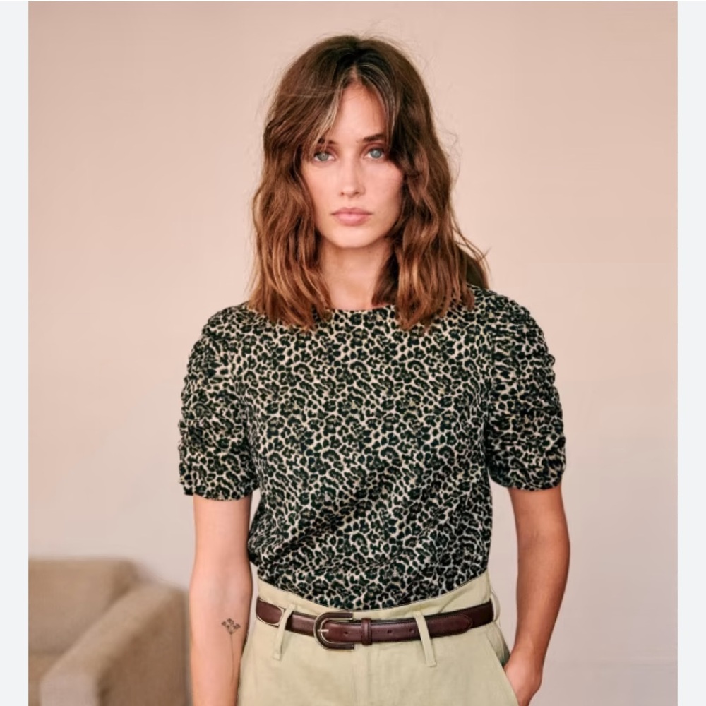 Sezane Black and Cream Leopard Print Blouse